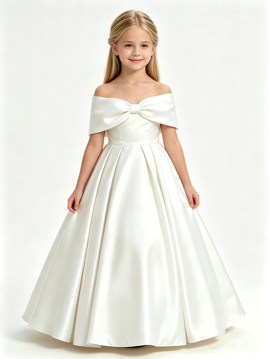 Girls Ivory Satin Flower Girl Dress Off the Shoulder Big Bow Neckline Ball Gown with Lace-up Back for Wedding, FGD20