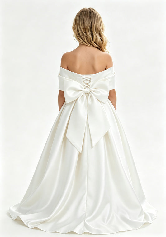 Girls Ivory Satin Flower Girl Dress Off the Shoulder Big Bow Neckline Ball Gown with Lace-up Back for Wedding, FGD20