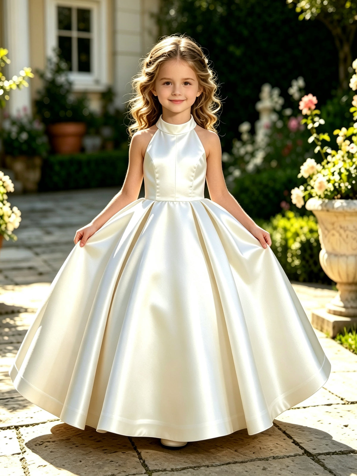 Girls Ivory Satin Flower Girl Dress Halter High Neck Open Back A-Line with Bow Sash for Wedding, FGD21