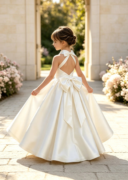Girls Ivory Satin Flower Girl Dress Halter High Neck Open Back A-Line with Bow Sash for Wedding, FGD21