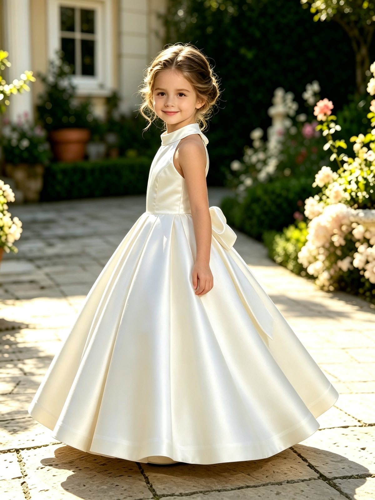 Girls Ivory Satin Flower Girl Dress Halter High Neck Open Back A-Line with Bow Sash for Wedding, FGD21