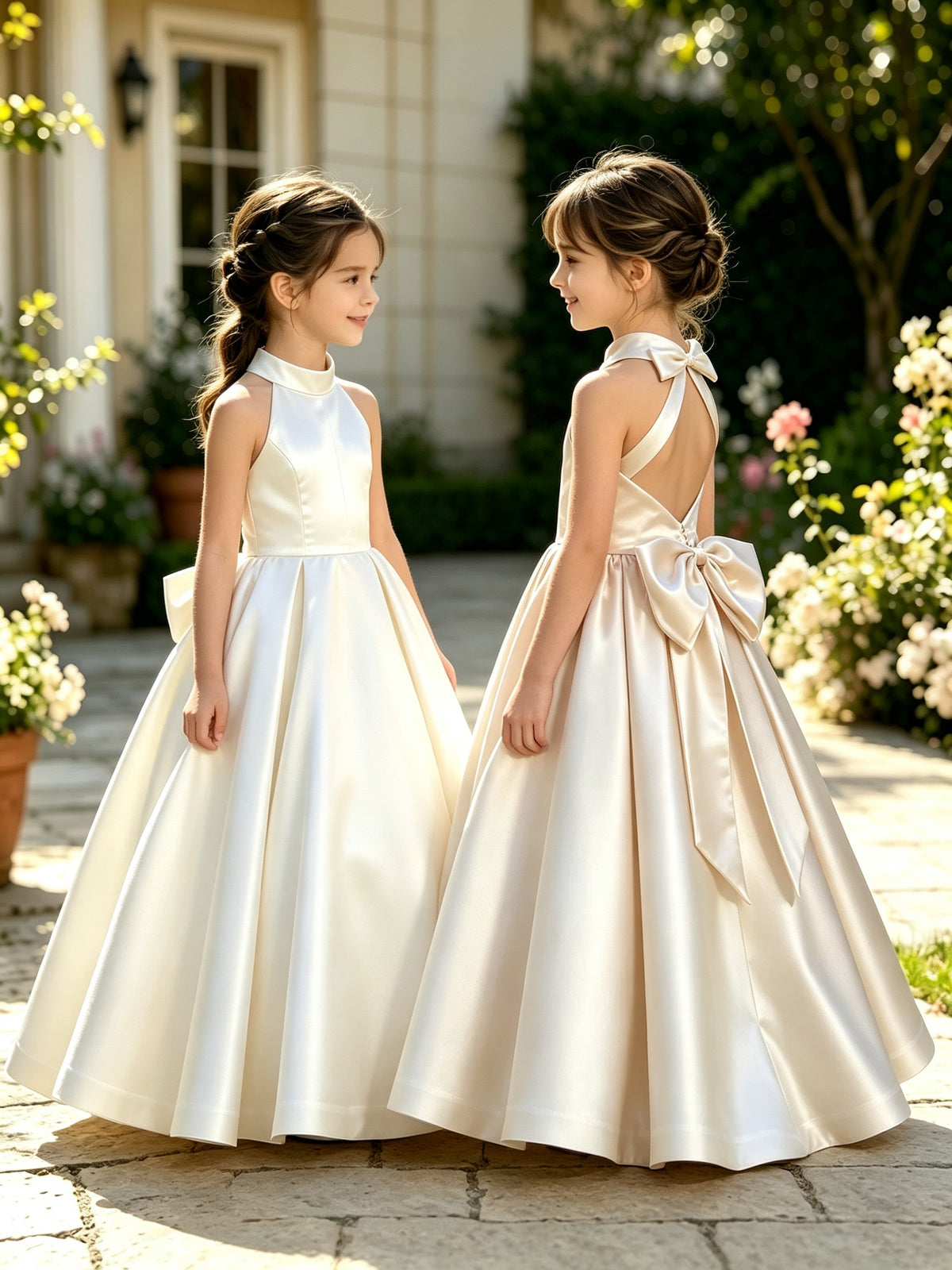 Girls Ivory Satin Flower Girl Dress Halter High Neck Open Back A-Line with Bow Sash for Wedding, FGD21