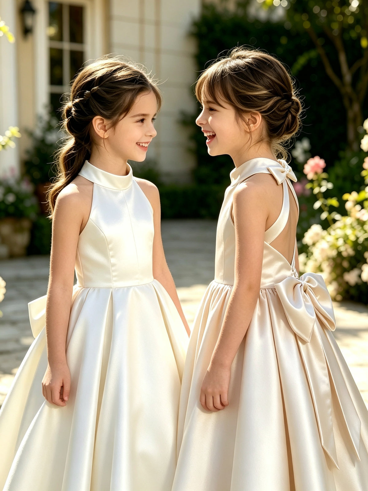 Girls Ivory Satin Flower Girl Dress Halter High Neck Open Back A-Line with Bow Sash for Wedding, FGD21
