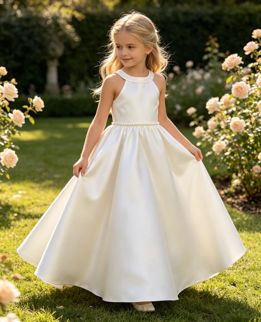 Girls Ivory Satin Flower Girl Dress Halter Neck Pearl Waist A-Line with Keyhole Big Bow Back for Wedding, FGD22