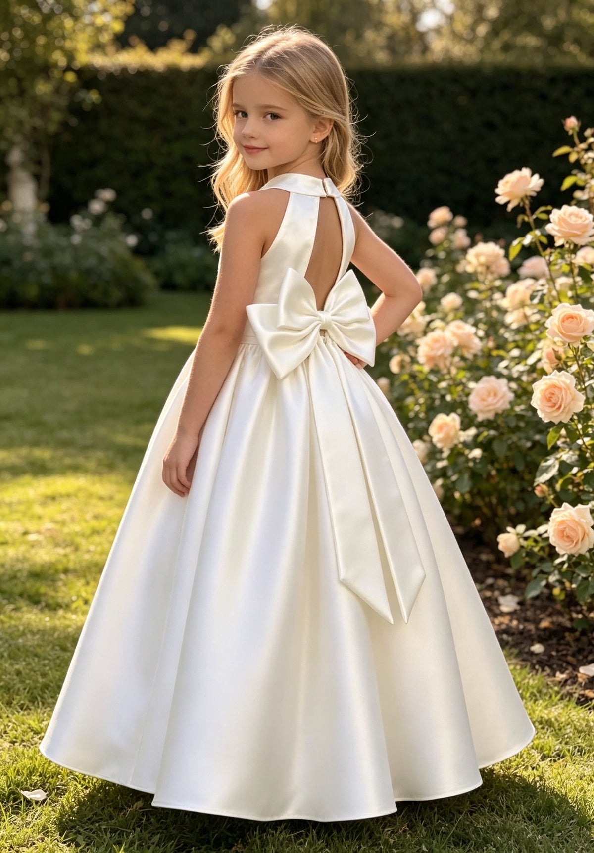 Girls Ivory Satin Flower Girl Dress Halter Neck Pearl Waist A-Line with Keyhole Big Bow Back for Wedding, FGD22