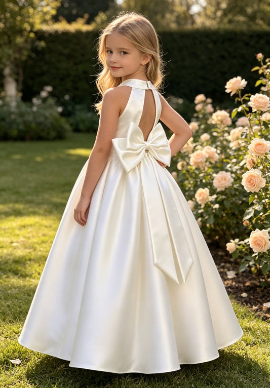 Girls Ivory Satin Flower Girl Dress Halter Neck Pearl Waist A-Line with Keyhole Big Bow Back for Wedding, FGD22