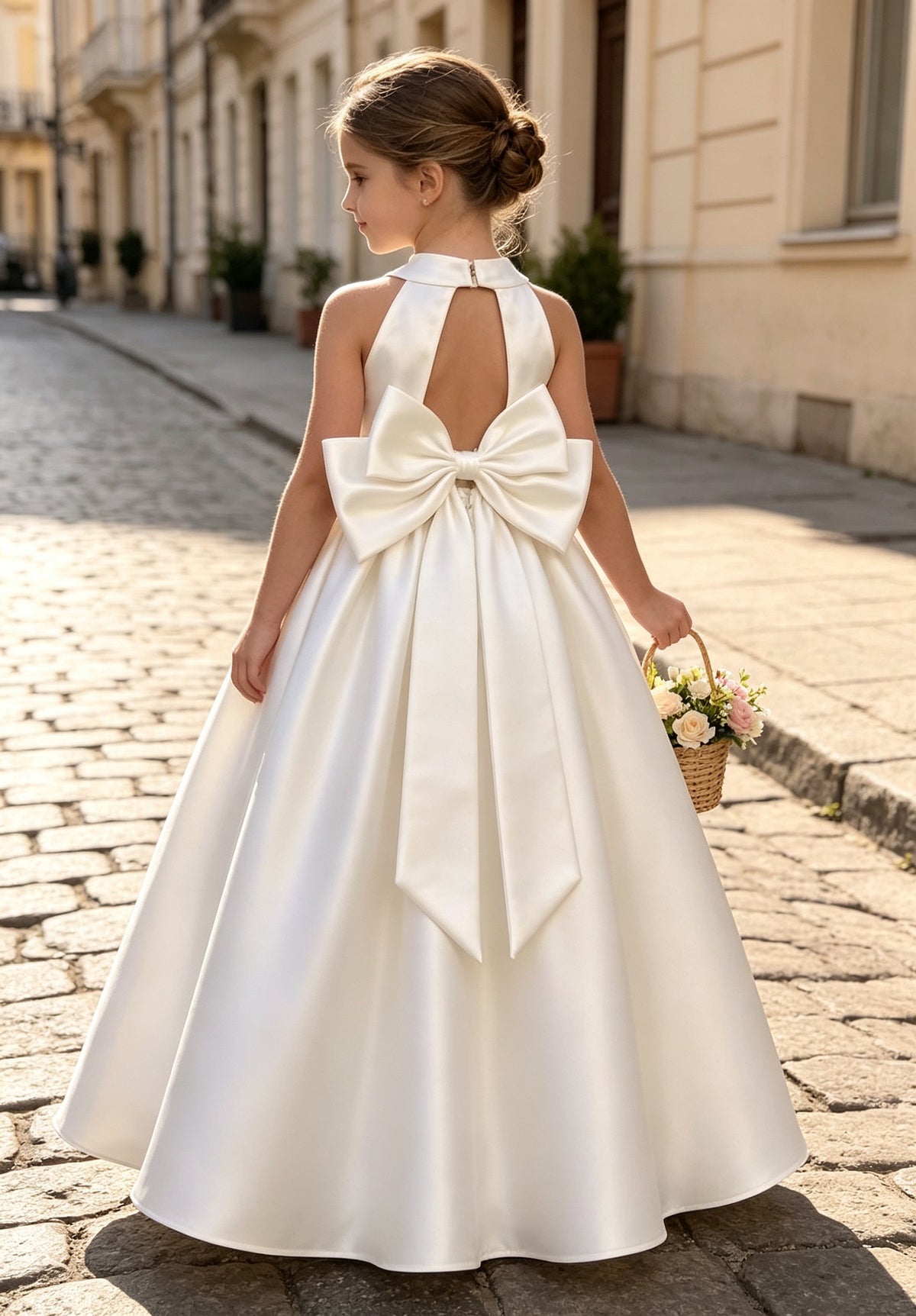 Girls Ivory Satin Flower Girl Dress Halter Neck Pearl Waist A-Line with Keyhole Big Bow Back for Wedding, FGD22