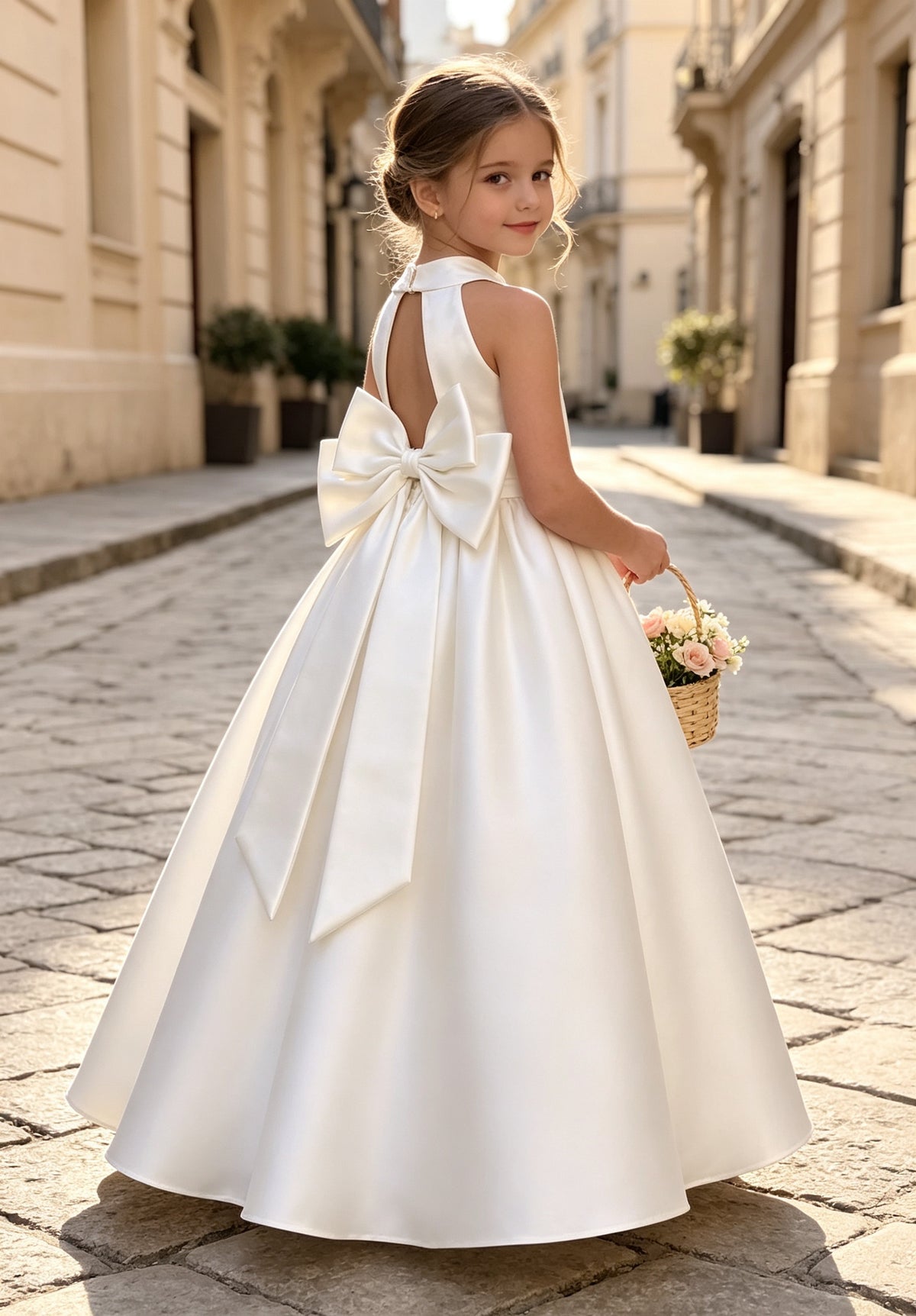 Girls Ivory Satin Flower Girl Dress Halter Neck Pearl Waist A-Line with Keyhole Big Bow Back for Wedding, FGD22