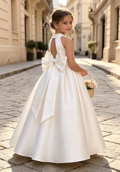 Girls Ivory Satin Flower Girl Dress Halter Neck Pearl Waist A-Line with Keyhole Big Bow Back for Wedding, FGD22