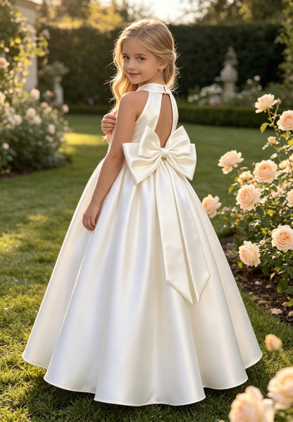 Girls Ivory Satin Flower Girl Dress Halter Neck Pearl Waist A-Line with Keyhole Big Bow Back for Wedding, FGD22