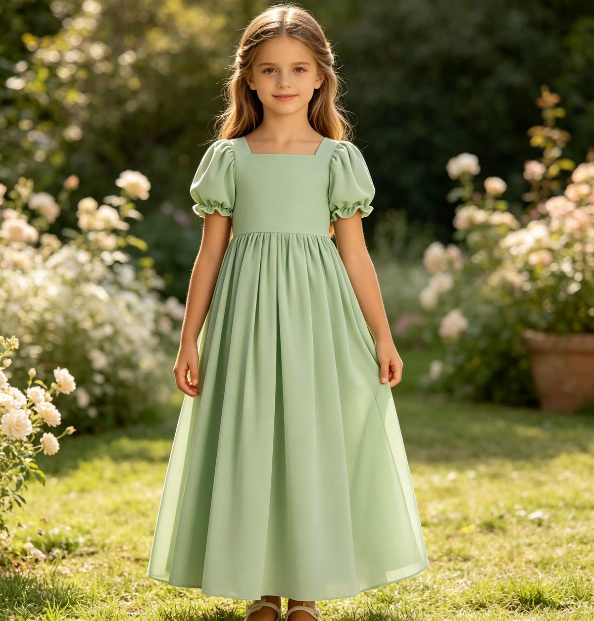 Girls Sage Chiffon Flower Girl Dress Square Neck Puff Short Sleeves A-Line with Back Bow for Wedding, FGD23