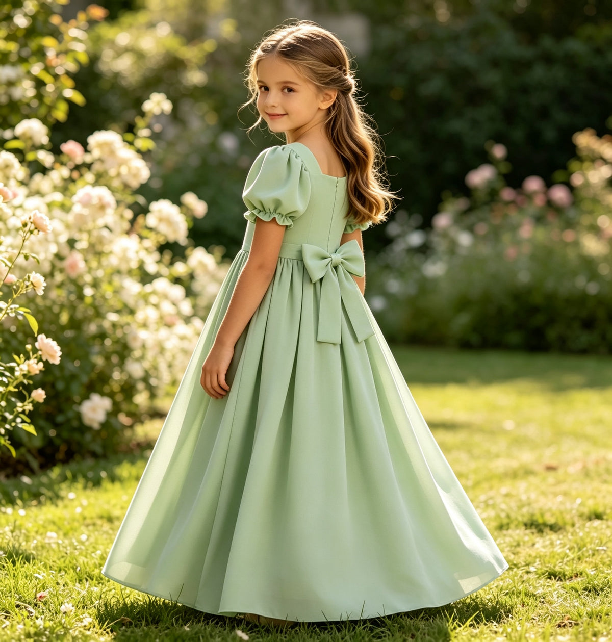 Girls Sage Chiffon Flower Girl Dress Square Neck Puff Short Sleeves A-Line with Back Bow for Wedding, FGD23