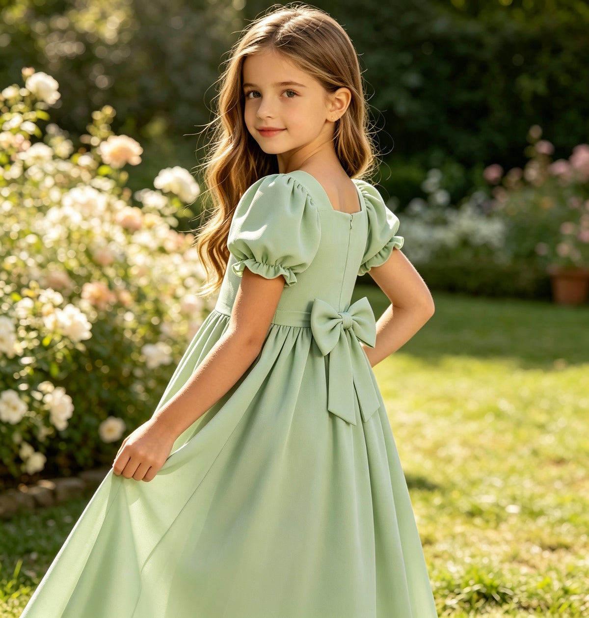 Girls Sage Chiffon Flower Girl Dress Square Neck Puff Short Sleeves A-Line with Back Bow for Wedding, FGD23
