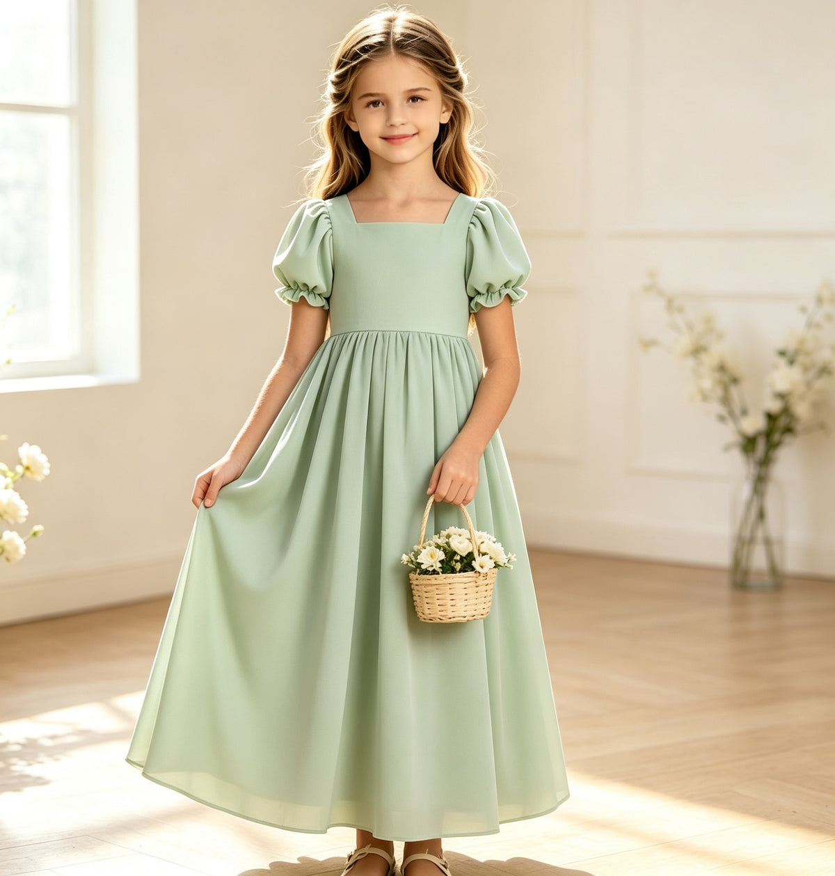 Girls Sage Chiffon Flower Girl Dress Square Neck Puff Short Sleeves A-Line with Back Bow for Wedding, FGD23
