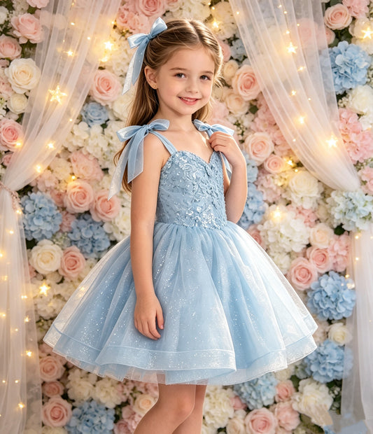 Girls Light Blue Sequin Lace Flower Girl Dress Sweetheart Bow Straps Sparkle Tulle Knee Length for Wedding, FGD24