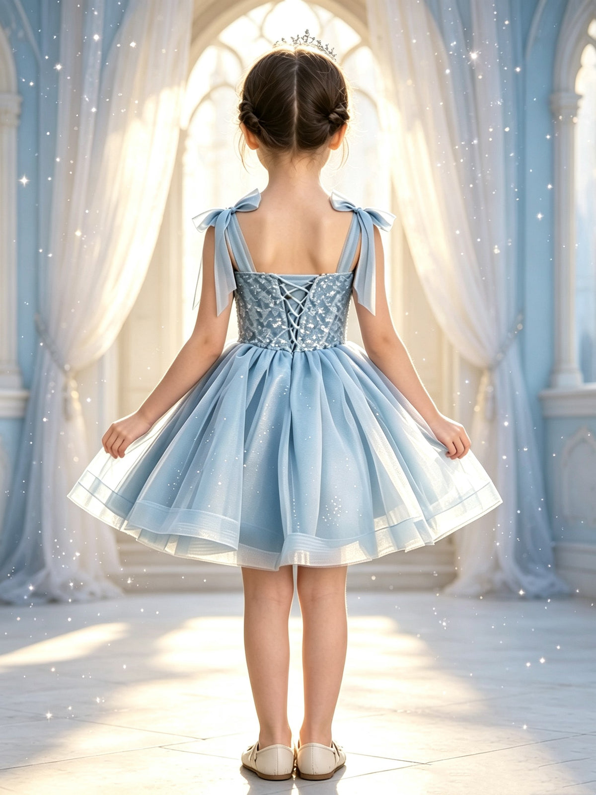 Girls Light Blue Sequin Lace Flower Girl Dress Sweetheart Bow Straps Sparkle Tulle Knee Length for Wedding, FGD24