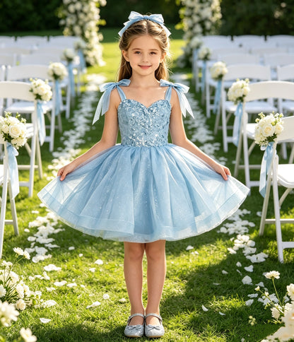Girls Light Blue Sequin Lace Flower Girl Dress Sweetheart Bow Straps Sparkle Tulle Knee Length for Wedding, FGD24