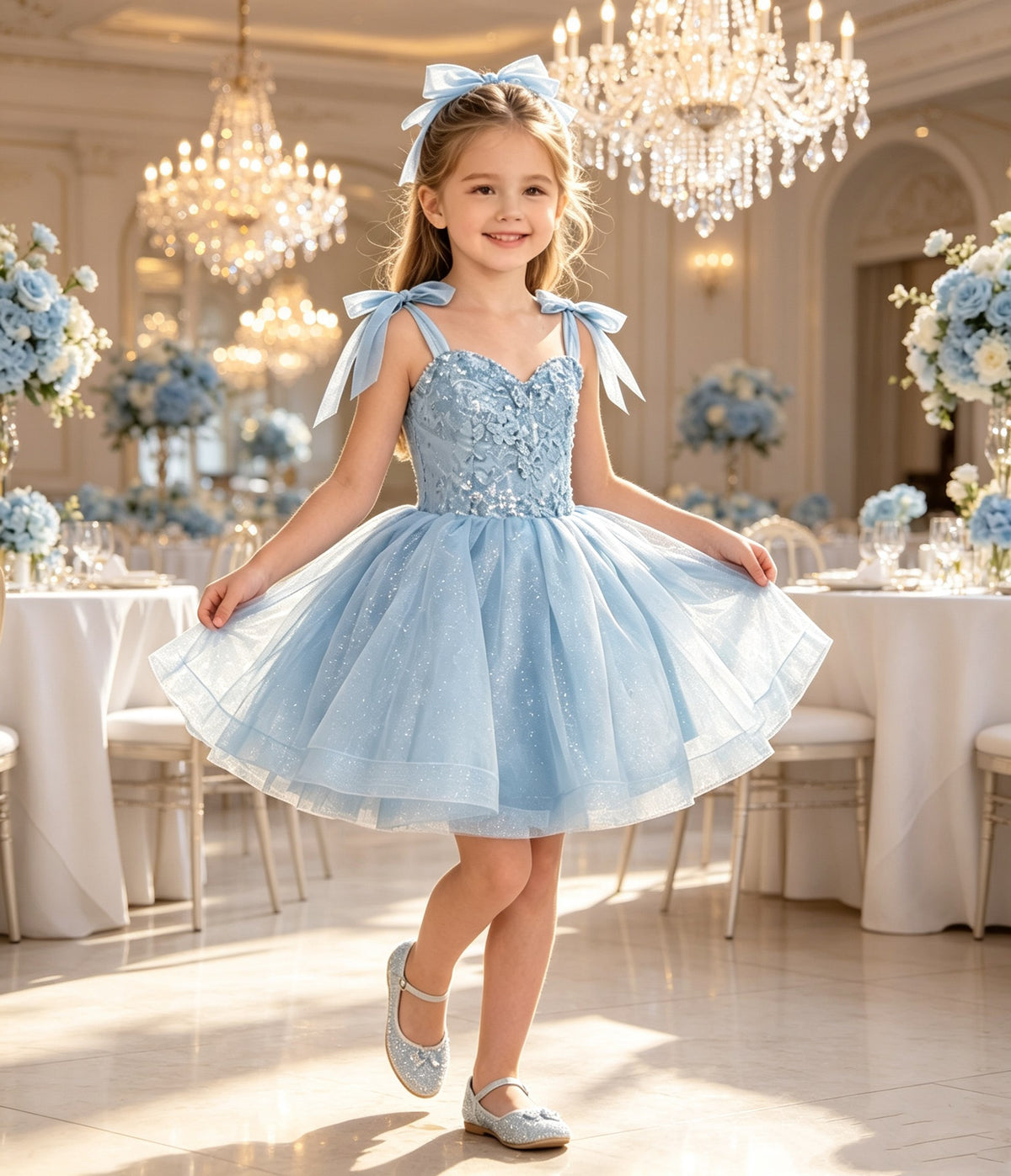 Girls Light Blue Sequin Lace Flower Girl Dress Sweetheart Bow Straps Sparkle Tulle Knee Length for Wedding, FGD24