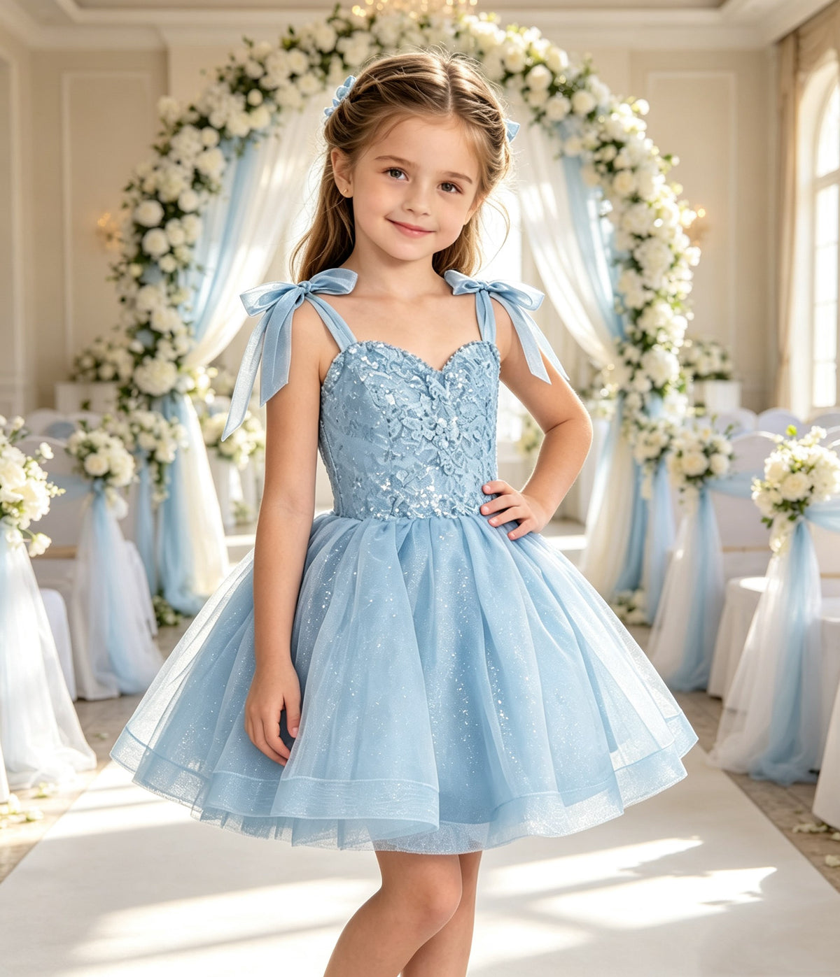 Girls Light Blue Sequin Lace Flower Girl Dress Sweetheart Bow Straps Sparkle Tulle Knee Length for Wedding, FGD24