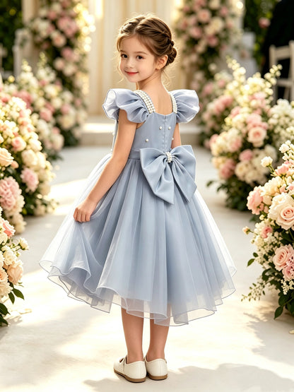 Girls Dusty Blue Satin Tulle Flower Girl Dress Square Neck Flutter Sleeves Pearl Beaded Bodice with Big Back Bow for Wedding, FGD25