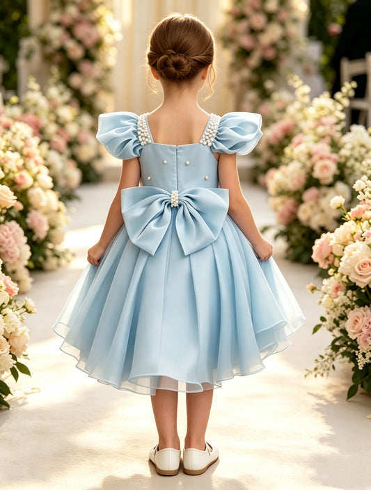Girls Dusty Blue Satin Tulle Flower Girl Dress Square Neck Flutter Sleeves Pearl Beaded Bodice with Big Back Bow for Wedding, FGD25