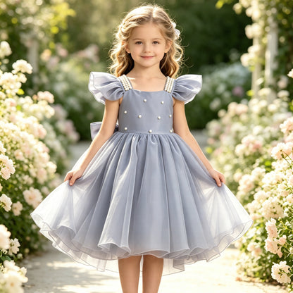 Girls Dusty Blue Satin Tulle Flower Girl Dress Square Neck Flutter Sleeves Pearl Beaded Bodice with Big Back Bow for Wedding, FGD25
