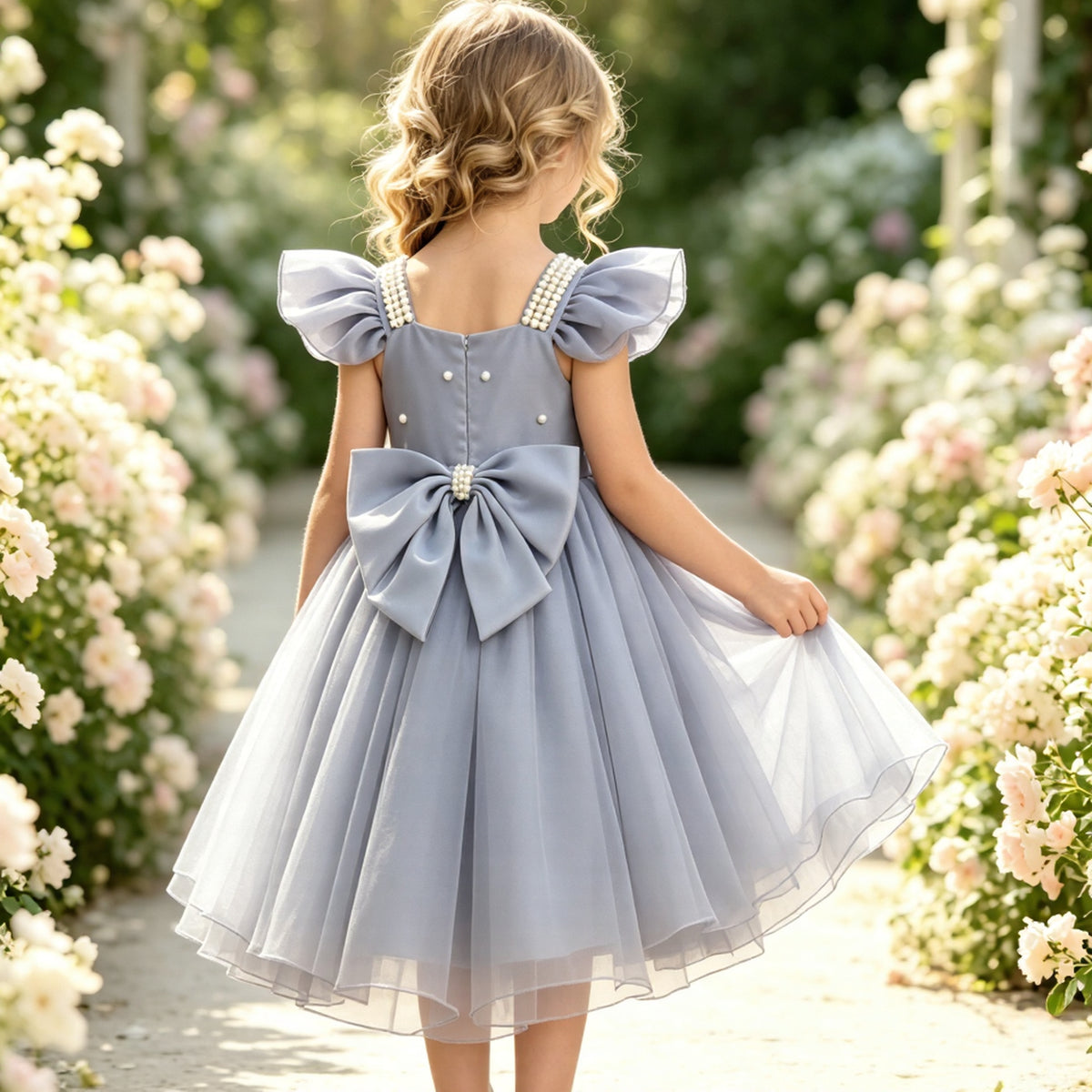 Girls Dusty Blue Satin Tulle Flower Girl Dress Square Neck Flutter Sleeves Pearl Beaded Bodice with Big Back Bow for Wedding, FGD25