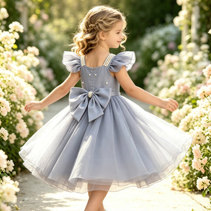 Girls Dusty Blue Satin Tulle Flower Girl Dress Square Neck Flutter Sleeves Pearl Beaded Bodice with Big Back Bow for Wedding, FGD25