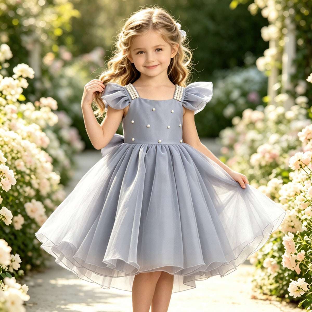 Girls Dusty Blue Satin Tulle Flower Girl Dress Square Neck Flutter Sleeves Pearl Beaded Bodice with Big Back Bow for Wedding, FGD25