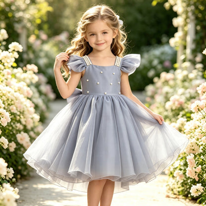 Girls Dusty Blue Satin Tulle Flower Girl Dress Square Neck Flutter Sleeves Pearl Beaded Bodice with Big Back Bow for Wedding, FGD25