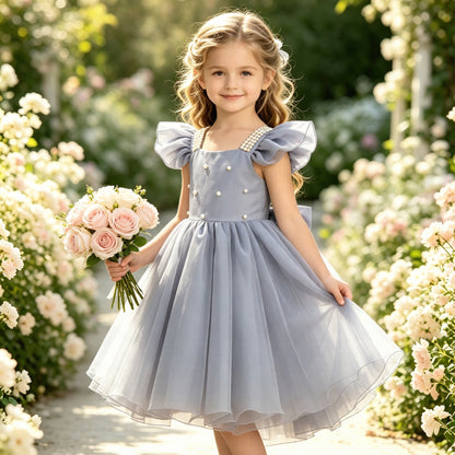 Girls Dusty Blue Satin Tulle Flower Girl Dress Square Neck Flutter Sleeves Pearl Beaded Bodice with Big Back Bow for Wedding, FGD25
