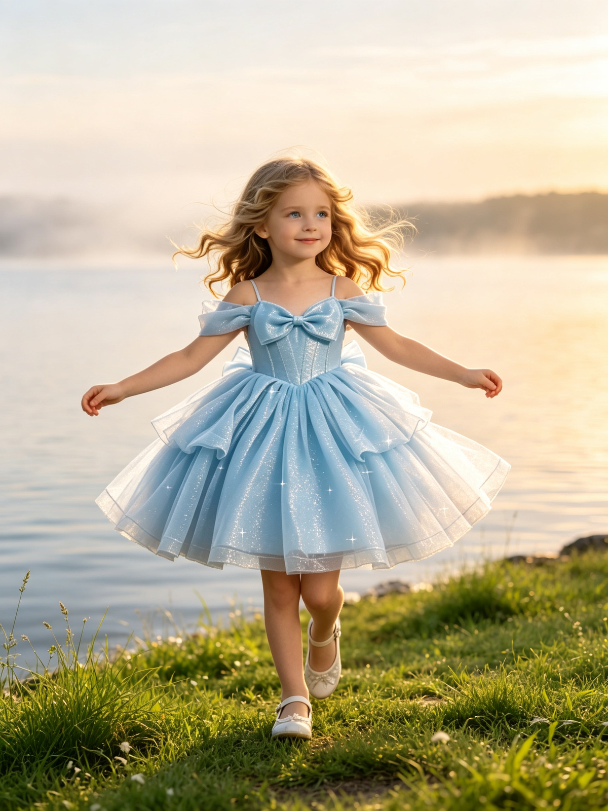 Girls Light Blue Sparkle Tulle Flower Girl Dress Off the Shoulder Bow Layered Knee Length for Wedding, FGD26