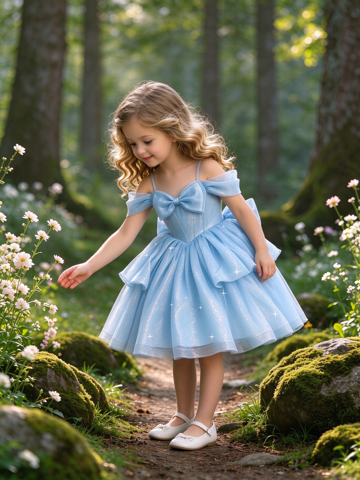 Girls Light Blue Sparkle Tulle Flower Girl Dress Off the Shoulder Bow Layered Knee Length for Wedding, FGD26