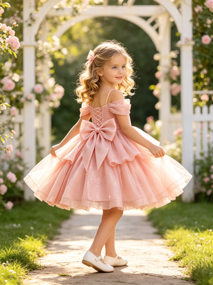 Girls Light Blue Sparkle Tulle Flower Girl Dress Off the Shoulder Bow Layered Knee Length for Wedding, FGD26