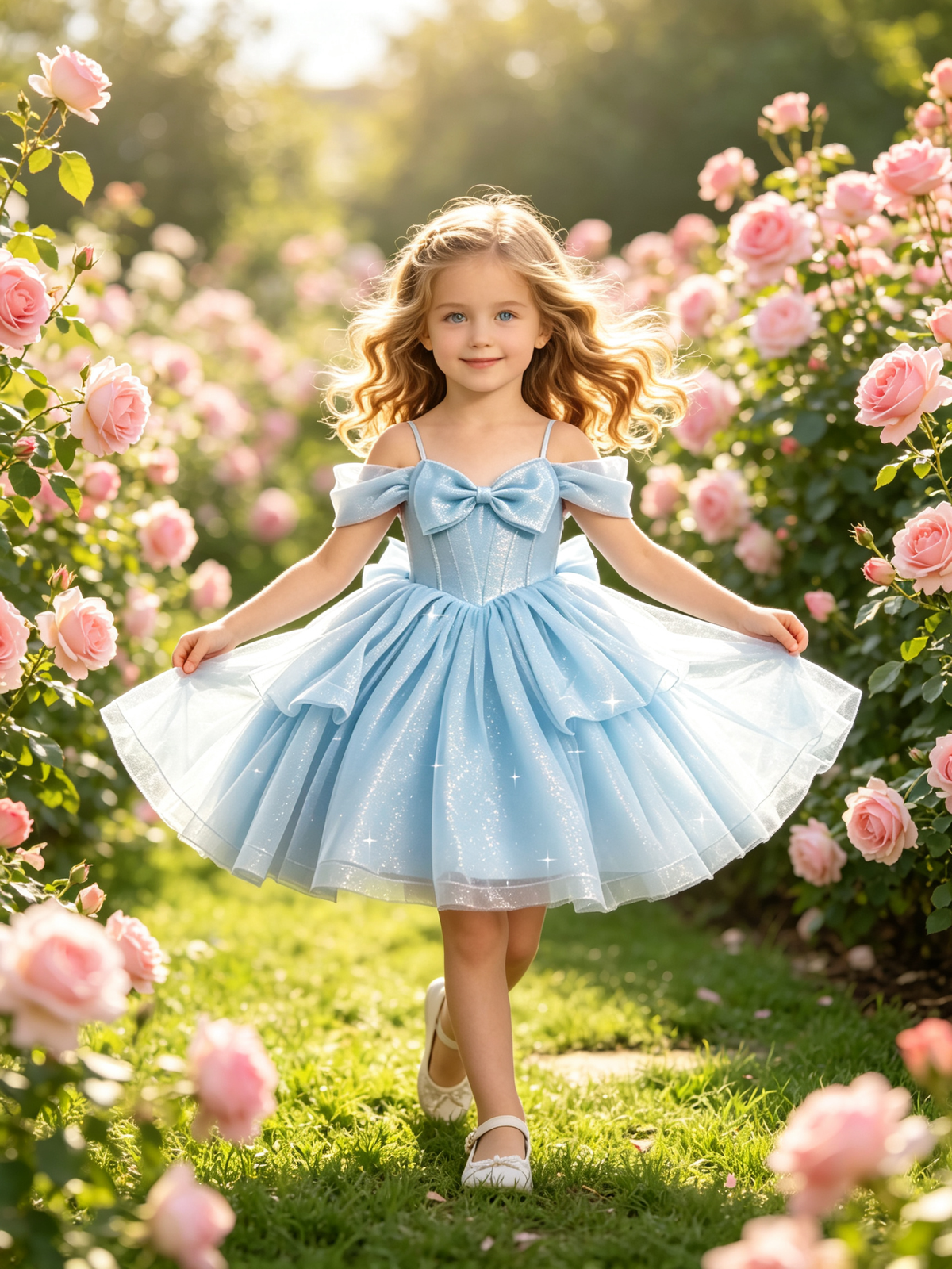 Girls Light Blue Sparkle Tulle Flower Girl Dress Off the Shoulder Bow Layered Knee Length for Wedding, FGD26