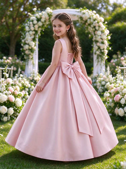 Girls Pink Satin Flower Girl Dress Square Neck Sleeveless Pearl Belt A-Line with Big Bow Lace-up Back for Wedding, FGD28