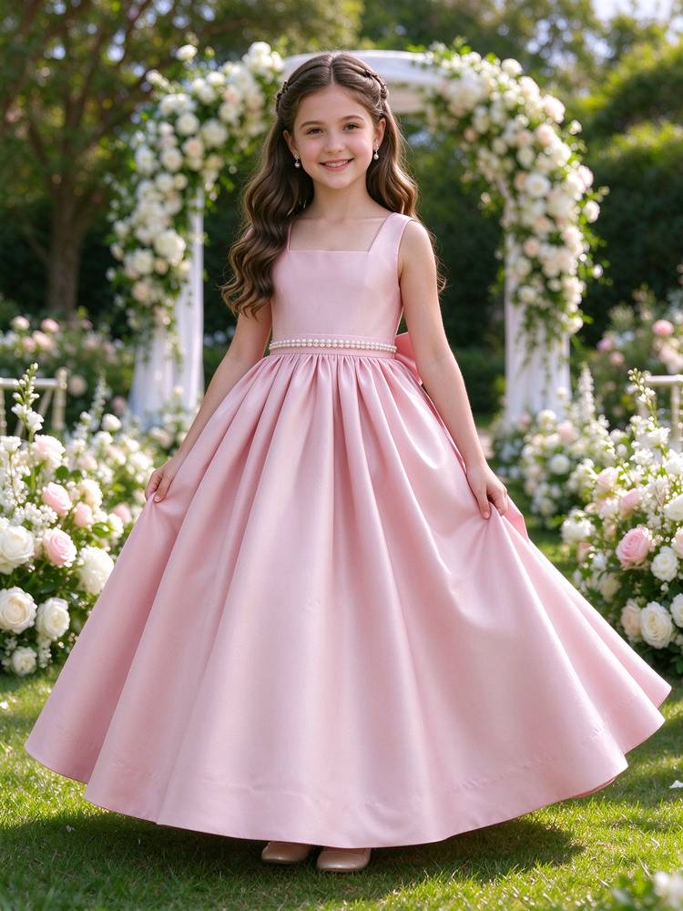Girls Pink Satin Flower Girl Dress Square Neck Sleeveless Pearl Belt A-Line with Big Bow Lace-up Back for Wedding, FGD28
