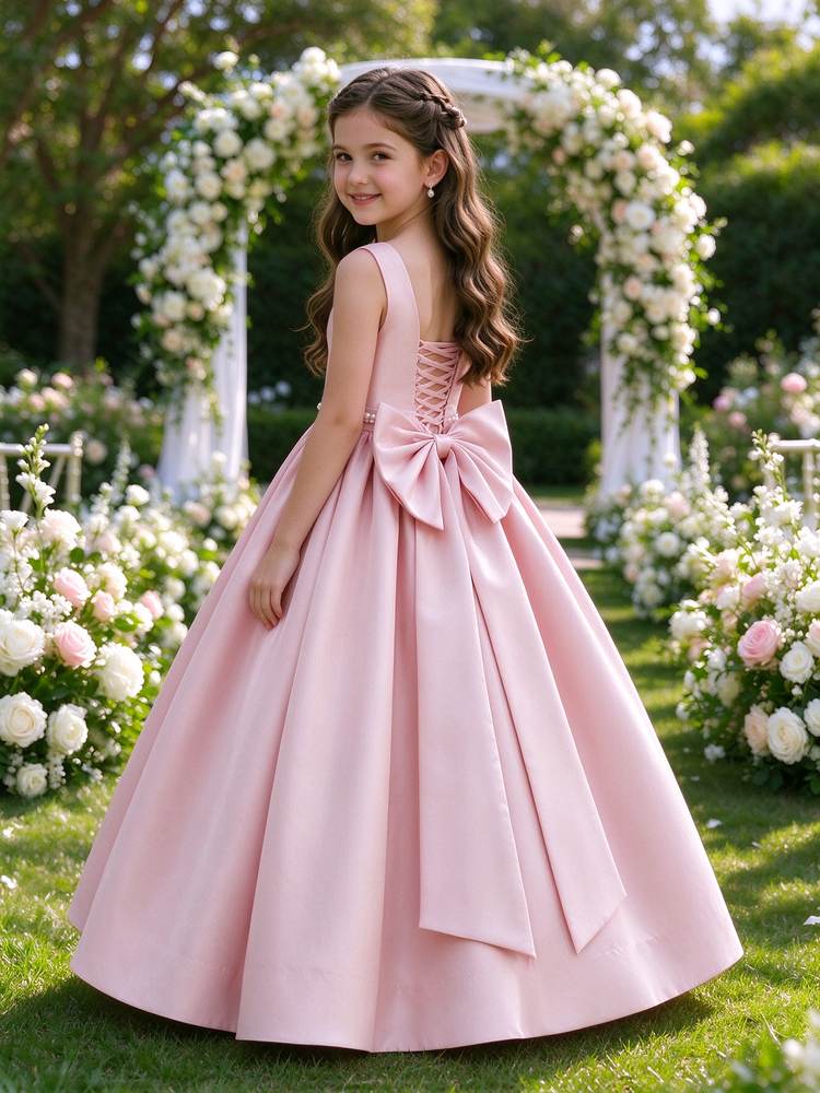 Girls Pink Satin Flower Girl Dress Square Neck Sleeveless Pearl Belt A-Line with Big Bow Lace-up Back for Wedding, FGD28