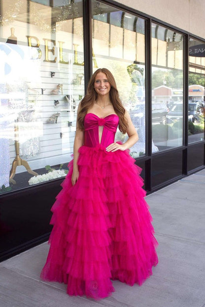 Sweetheart Fuchsia Ball Gown Keyhole Tiered Tulle Long Prom Dresses