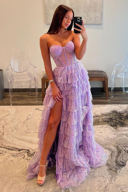 Strapless Ball Gown Lavender Sequins Ruffle Tiered Prom Dresses with Slit