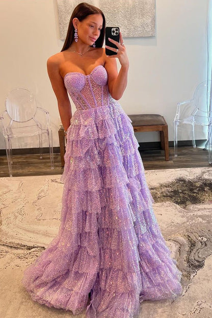 Strapless Ball Gown Lavender Sequins Ruffle Tiered Prom Dresses with Slit