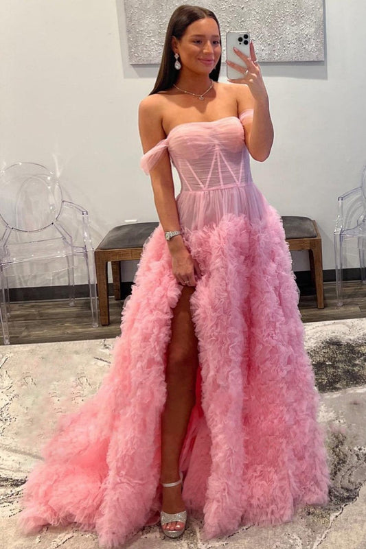 Off the Shoulder Ball Gown Pink Long Prom Dress