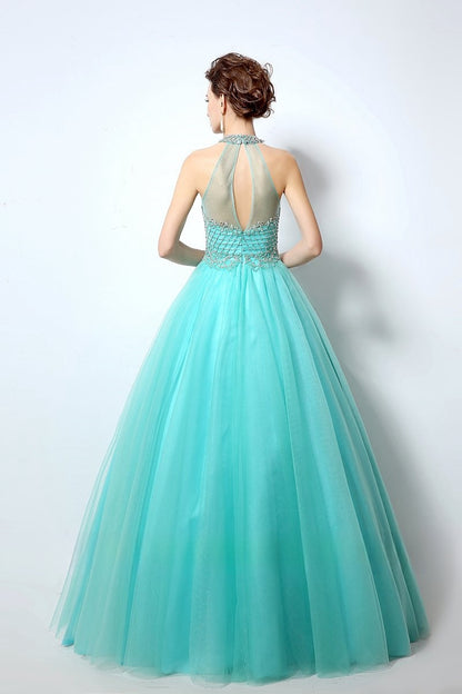 princess halter blue tulle A-line long prom dress, LX010