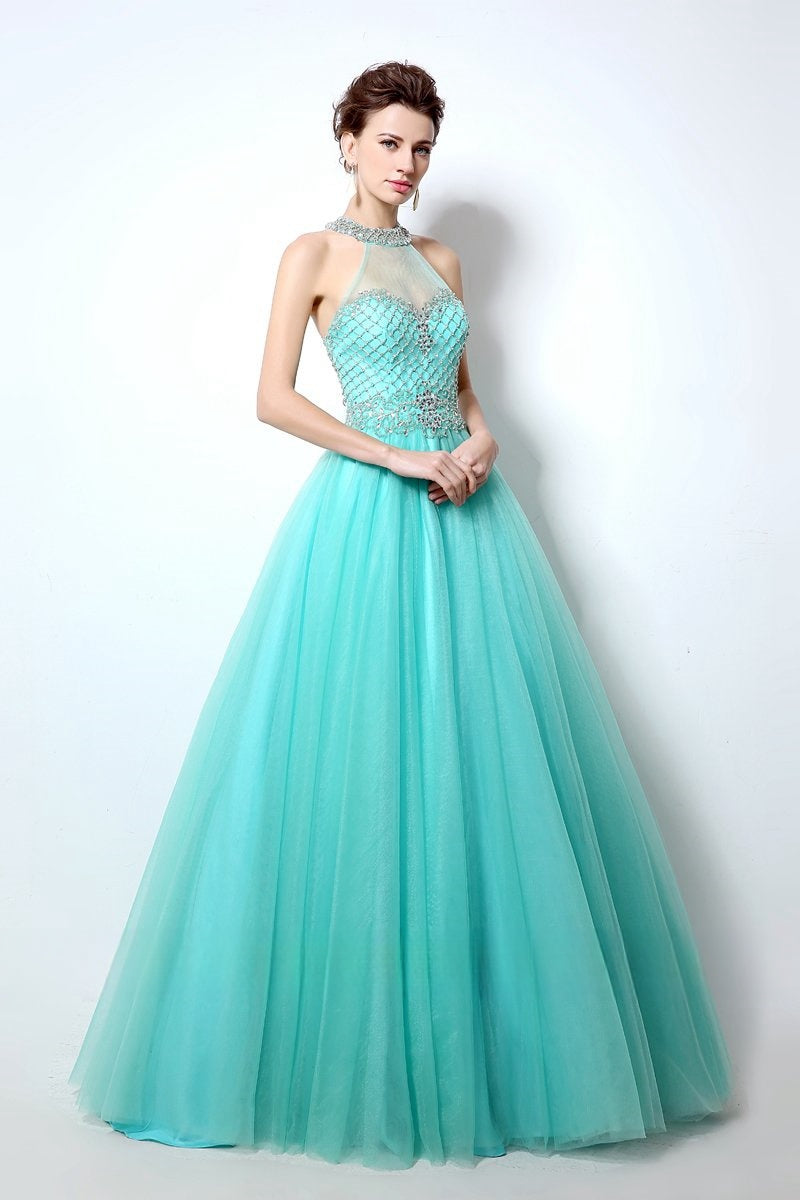 princess halter blue tulle A-line long prom dress, LX010