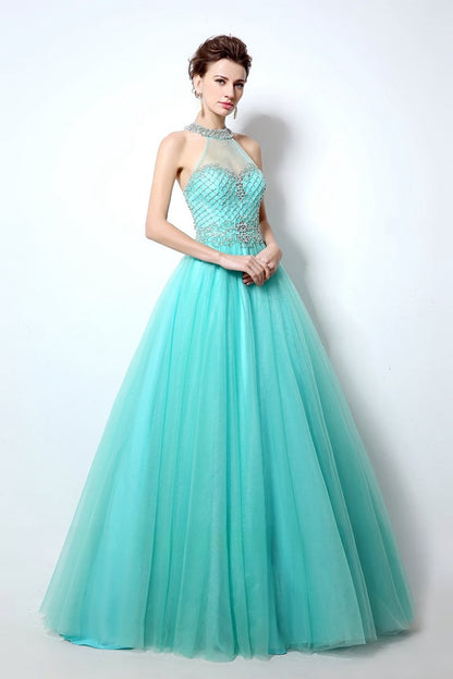 princess halter blue tulle A-line long prom dress, LX010