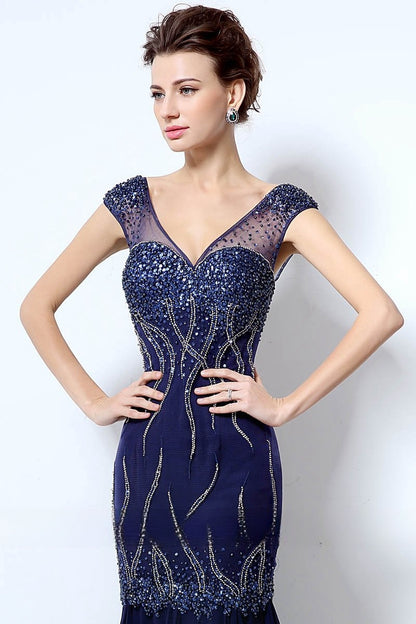 formal modest v-neck navy long beaded prom dress, LX032