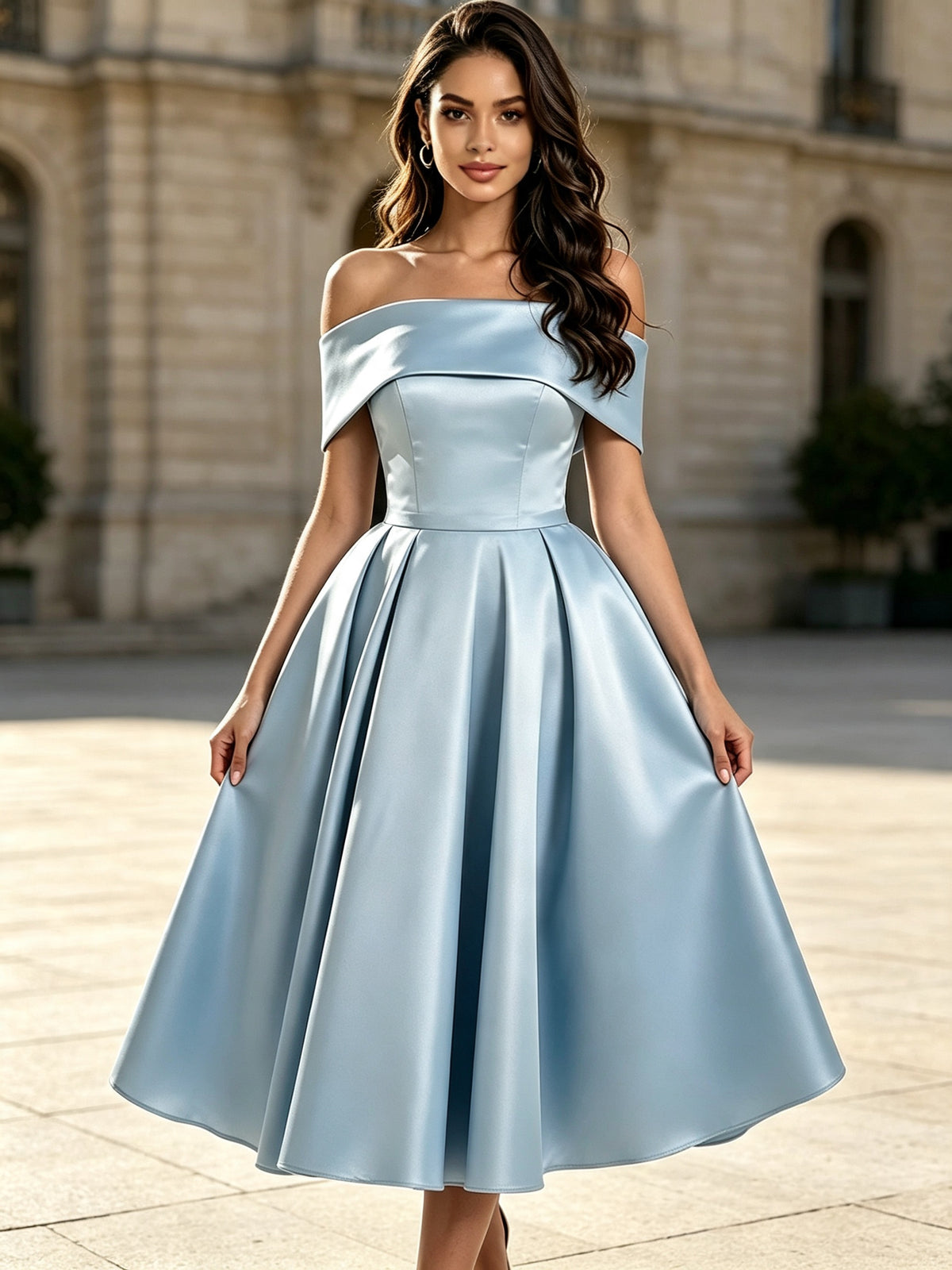 Light Blue Satin Off the Shoulder Tea Length A-Line Prom Dress with Lace-up Back, PD03