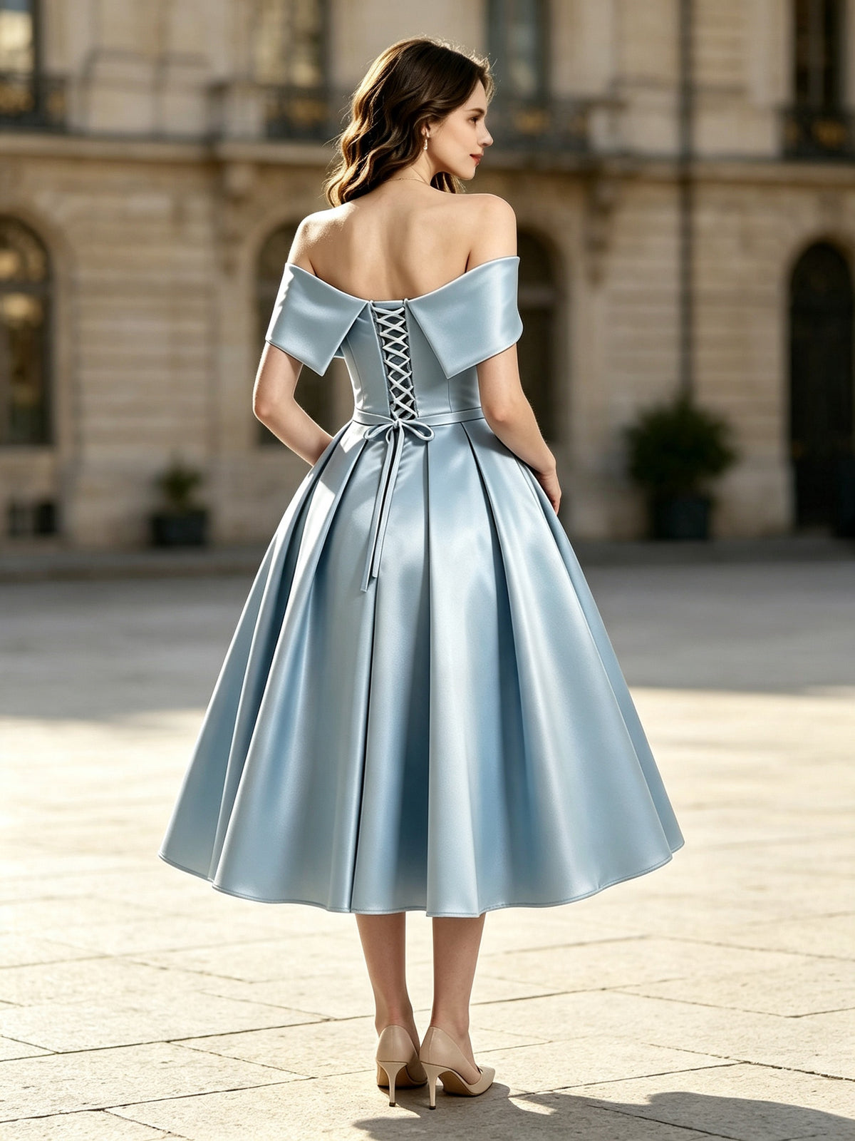 Light Blue Satin Off the Shoulder Tea Length A-Line Prom Dress with Lace-up Back, PD03