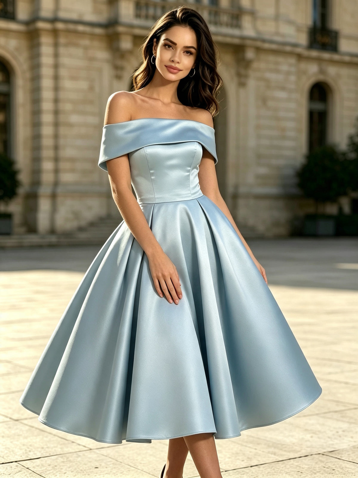 Light Blue Satin Off the Shoulder Tea Length A-Line Prom Dress with Lace-up Back, PD03