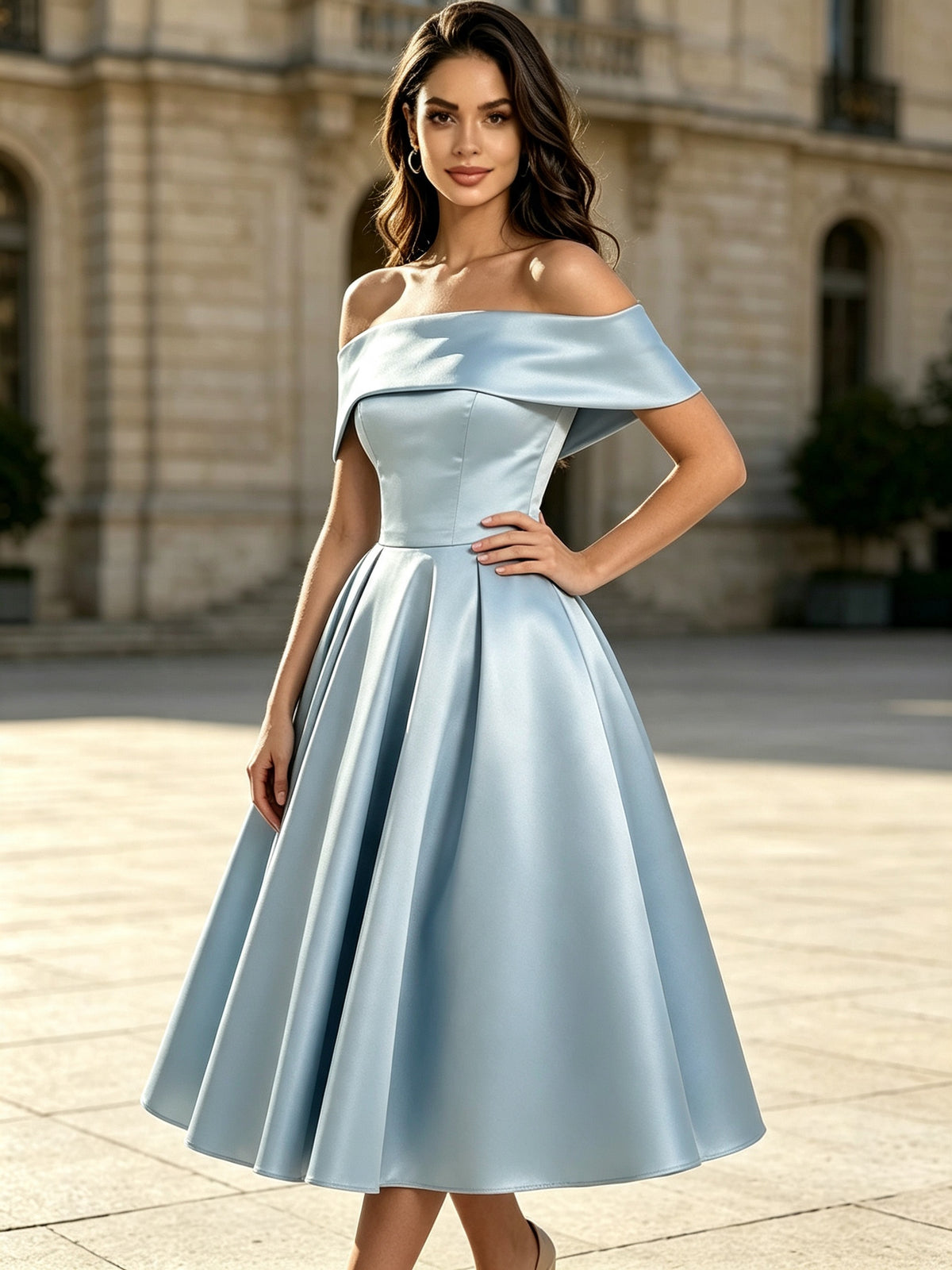 Light Blue Satin Off the Shoulder Tea Length A-Line Prom Dress with Lace-up Back, PD03